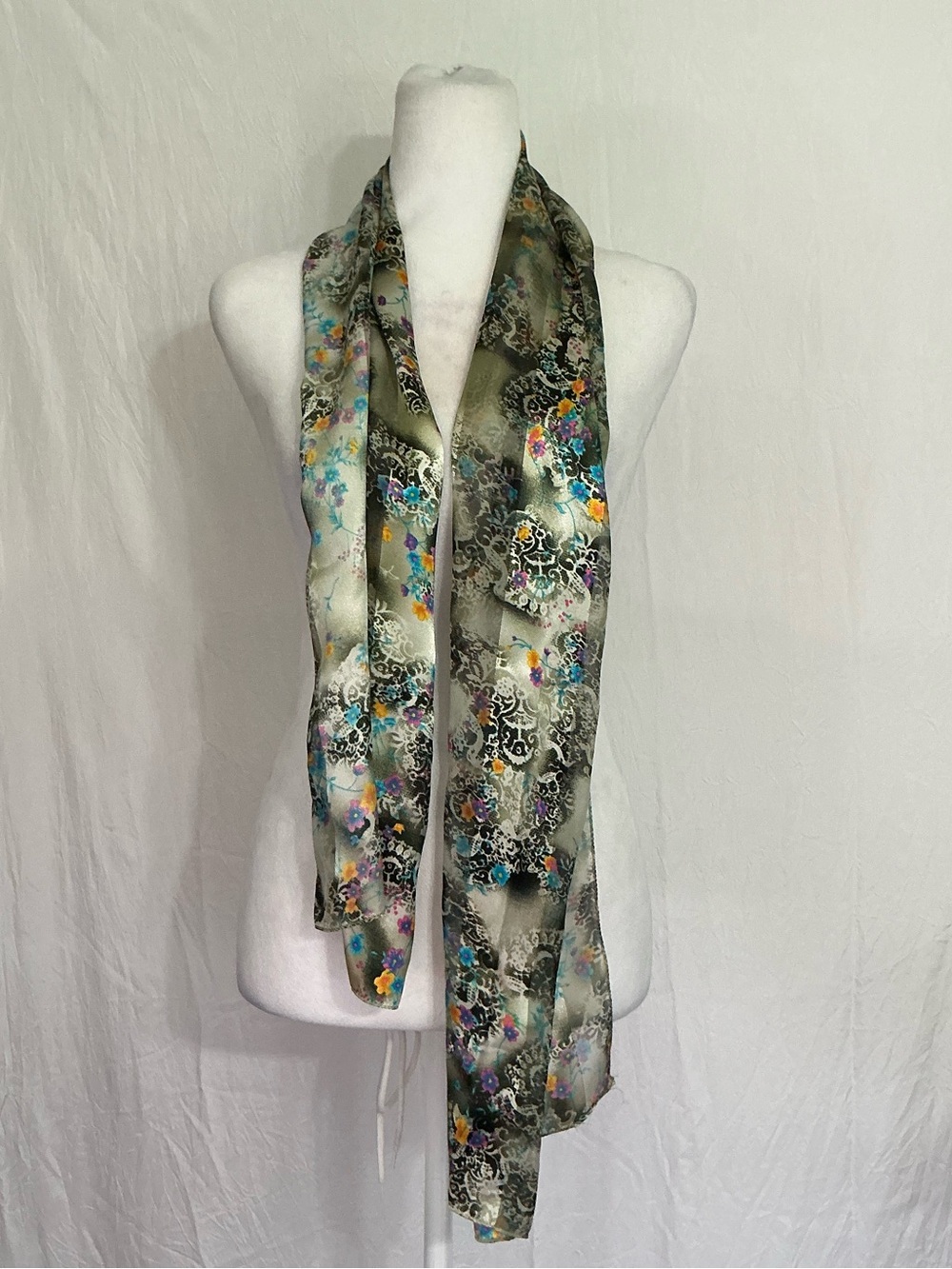 Silk-Feel Floral Print Long Scarf in Sage Green